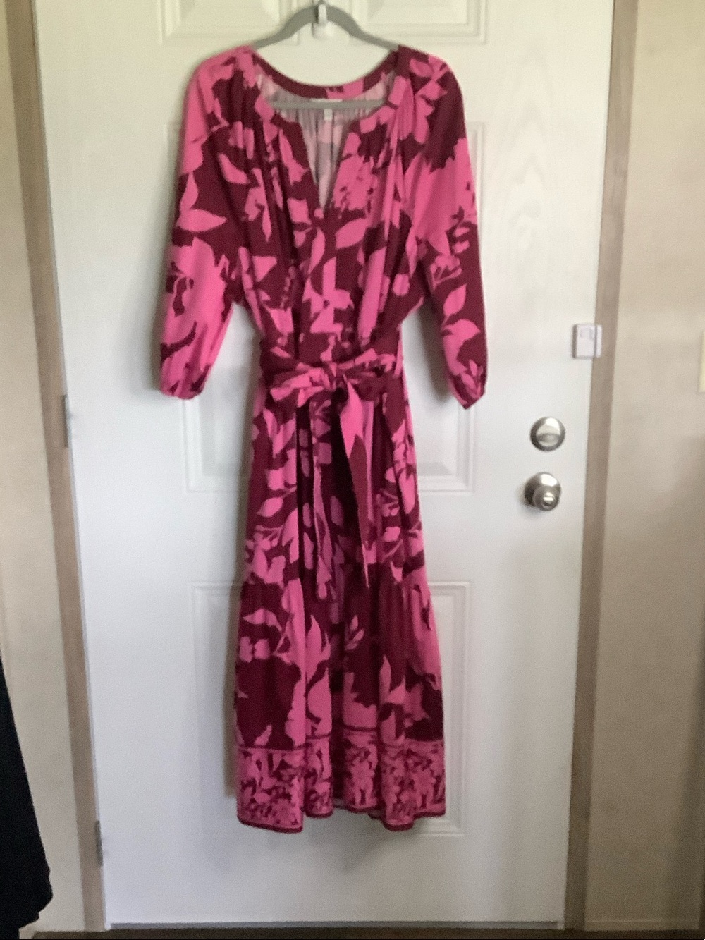 Crown & Ivy Pink and Burgundy Floral Maxi Dress with Waist Tie